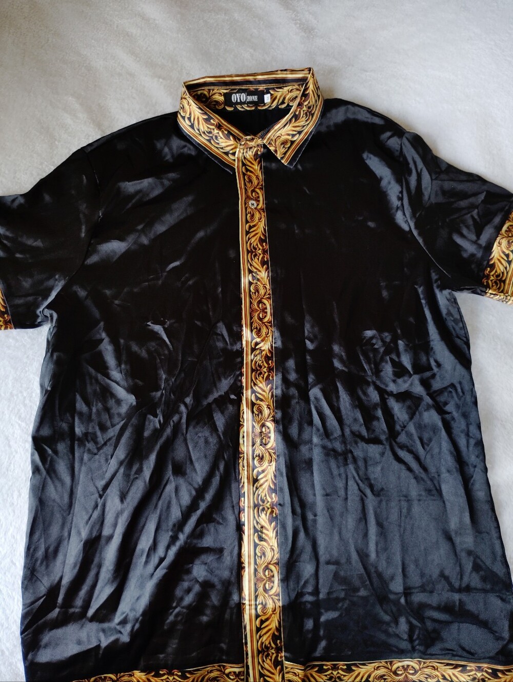 OYOZONE Men’s Black Satin Shirt Luxury Gold Baroque Print Long Sleeve Clubwear M